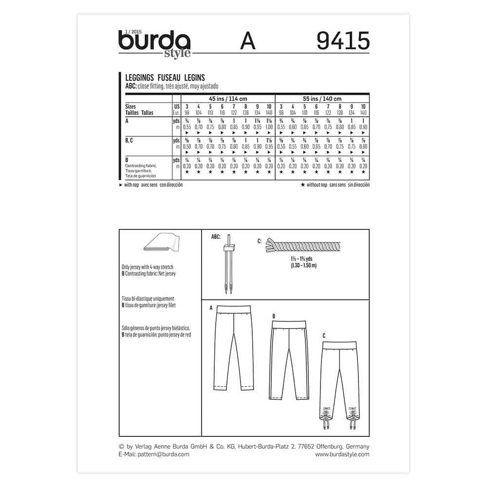 BURDA Sewing Pattern Pattern 9415 Child School Girl Pants