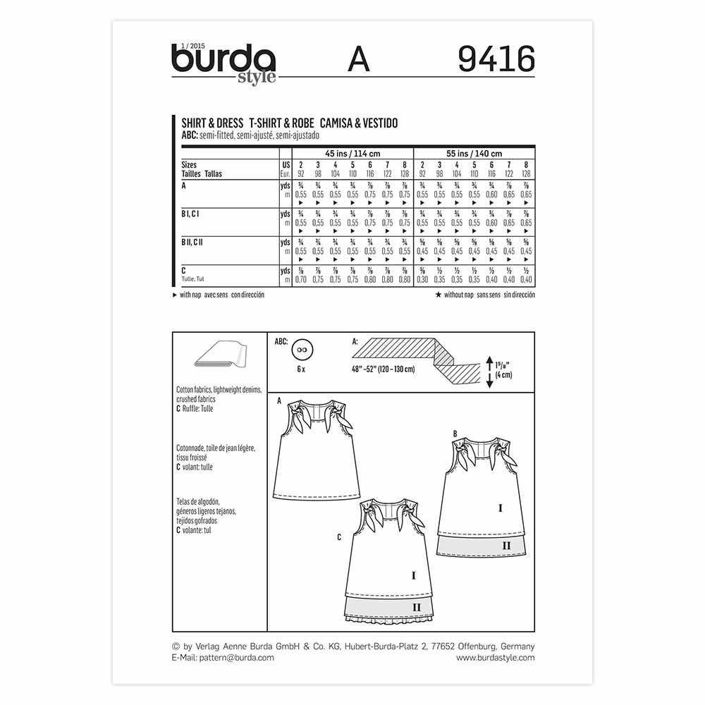 BURDA Sewing Pattern Pattern 9416 Child School Girl Dress