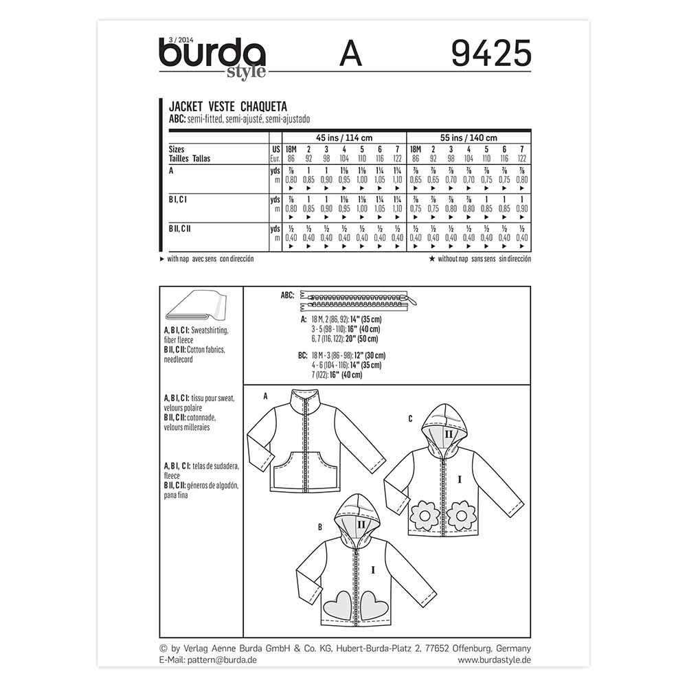 BURDA Kids Sewing Pattern 9425 Kids Jacket Unisex