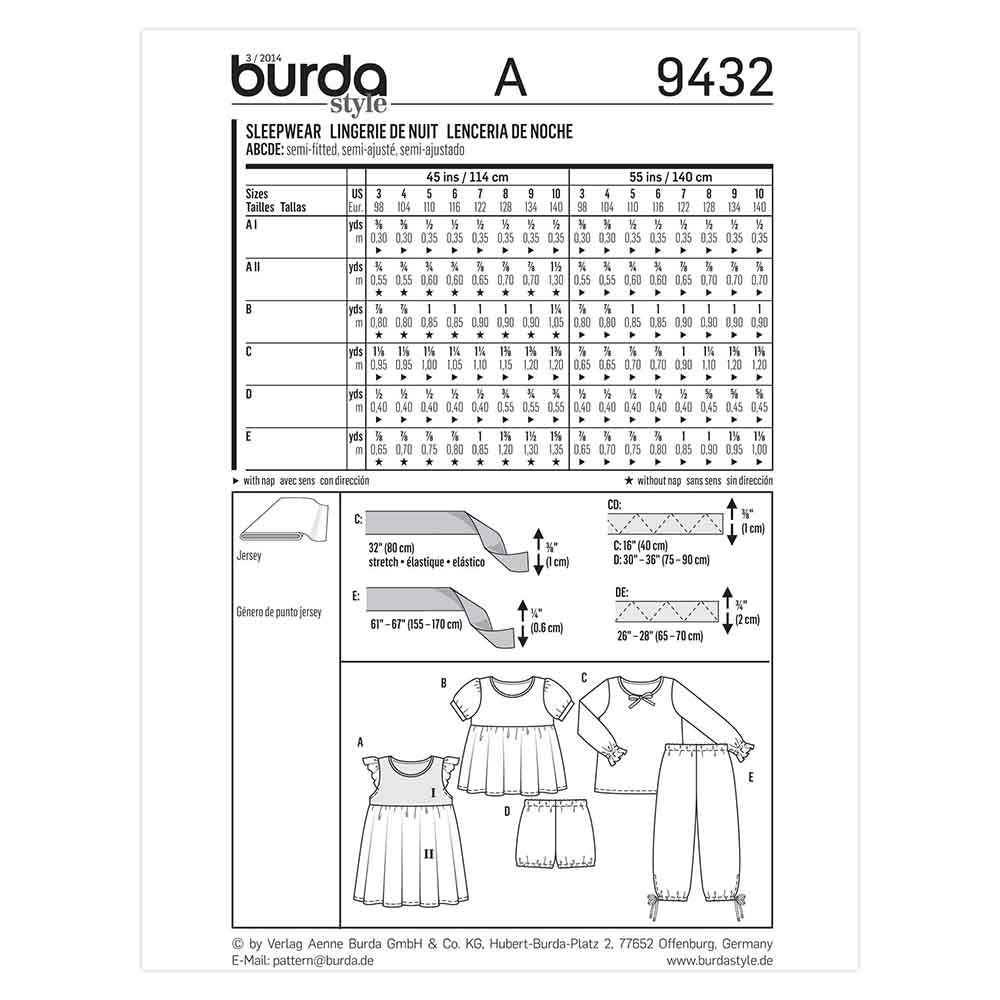 BURDA Kids Sewing Pattern 9432 Kids Pajamas Girl