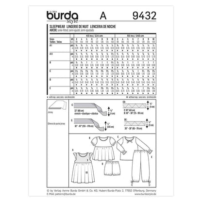 BURDA Kids Sewing Pattern 9432 Kids Pajamas Girl