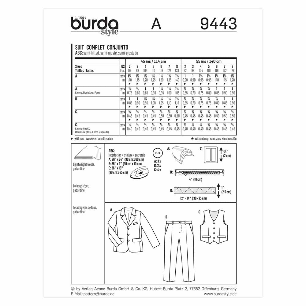 BURDA Kids Sewing Pattern 9443 Kids Suit