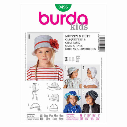 BURDA Kids Sewing Pattern 9496 Kids Caps/hats