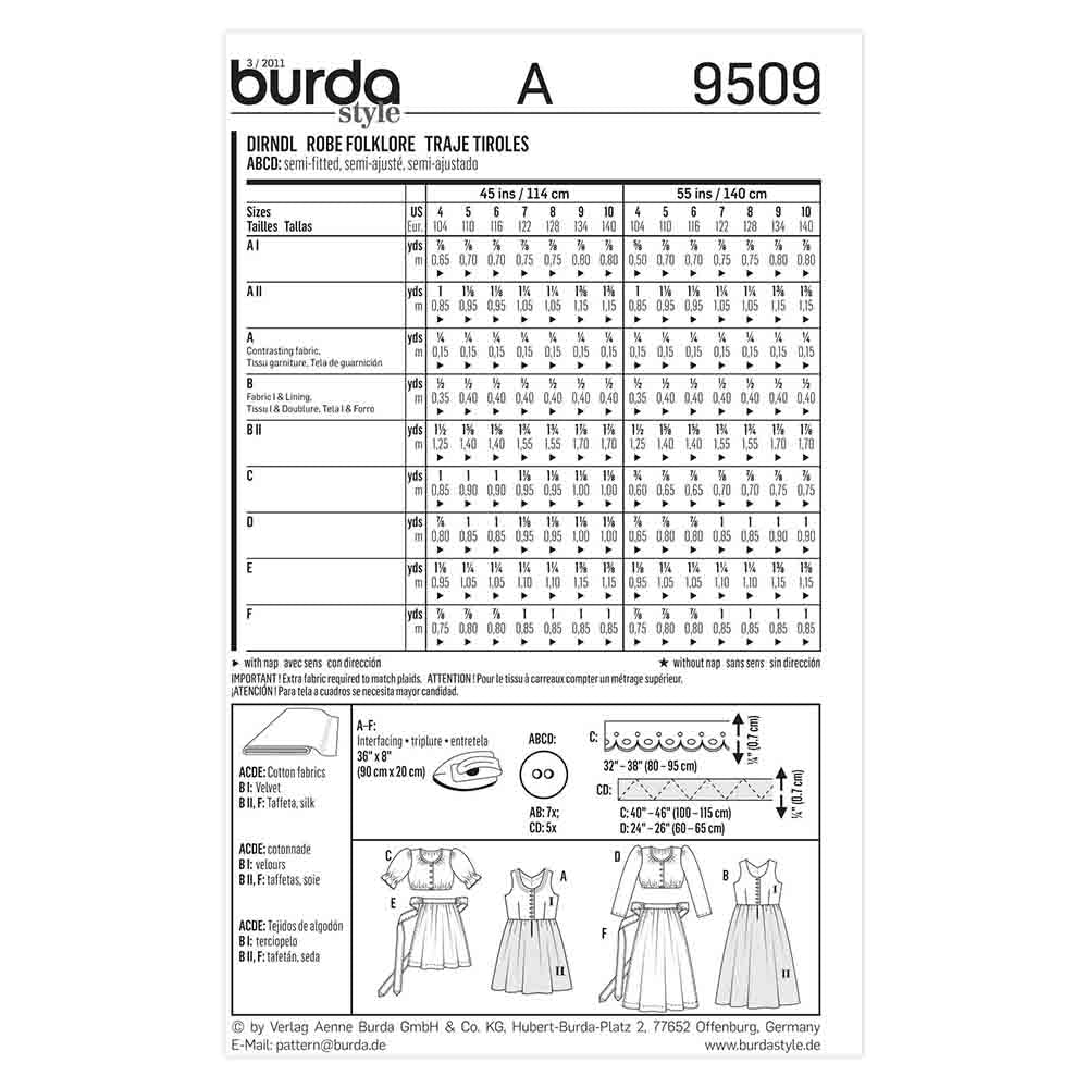 BURDA Kids Sewing Pattern 9509 Kids Dress Folklore