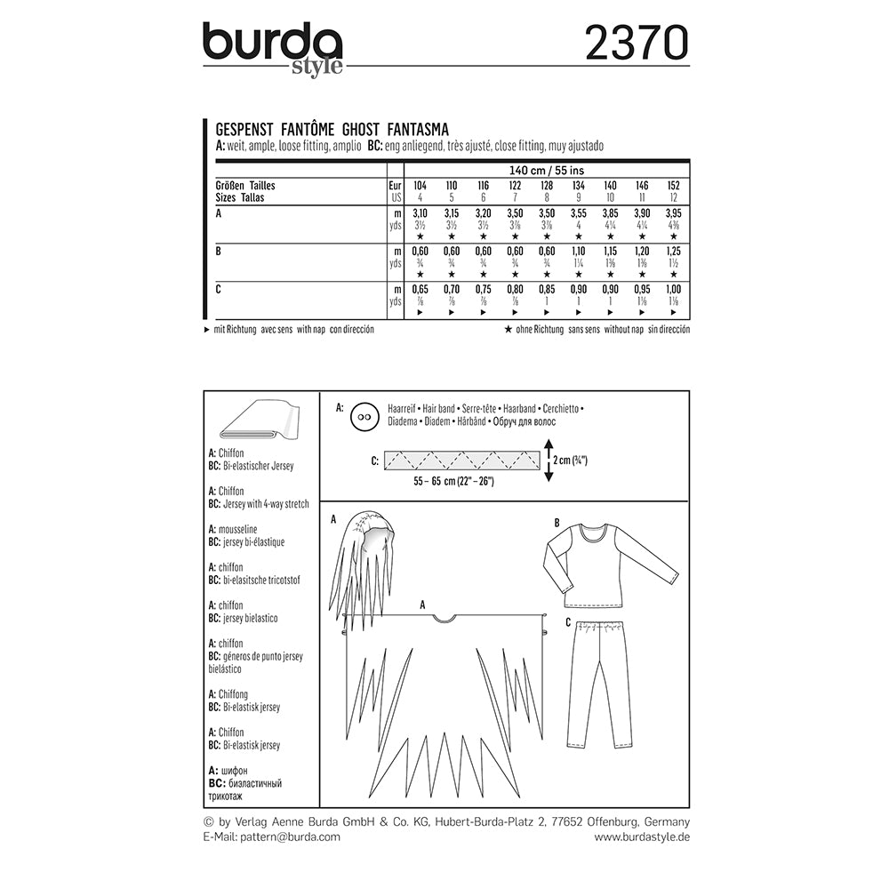 BURDA Carnival Sewing Pattern #2370 Kids Ghost