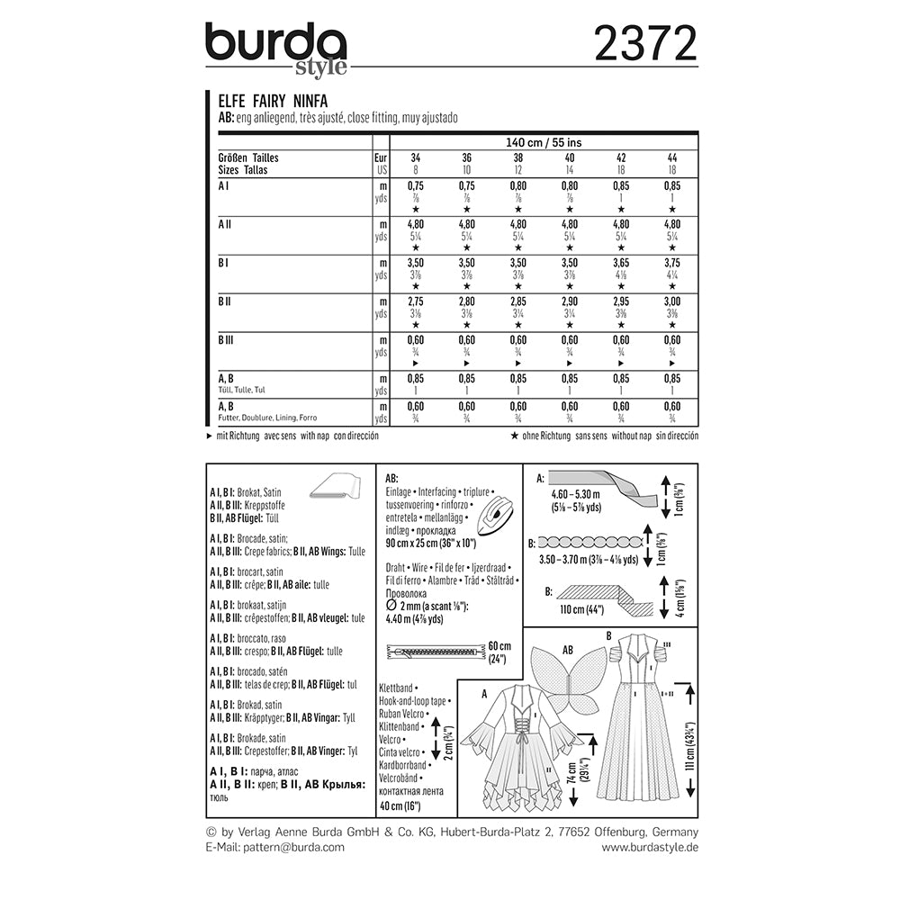 BURDA Carnival Sewing Pattern #2372 Womens Fairy