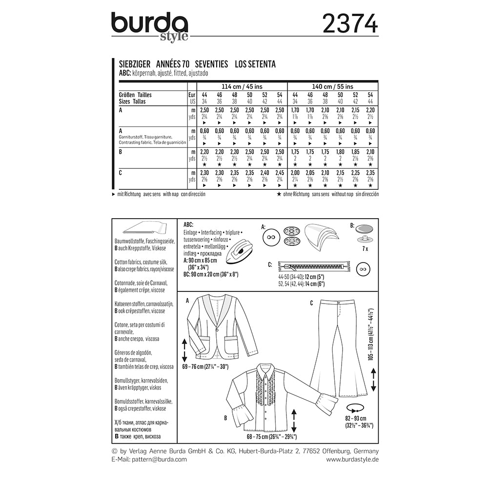 BURDA Carnival Sewing Pattern #2374 Mens Seventies