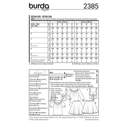 BURDA Carnival Sewing Pattern #2385 Womens Gothic Girl