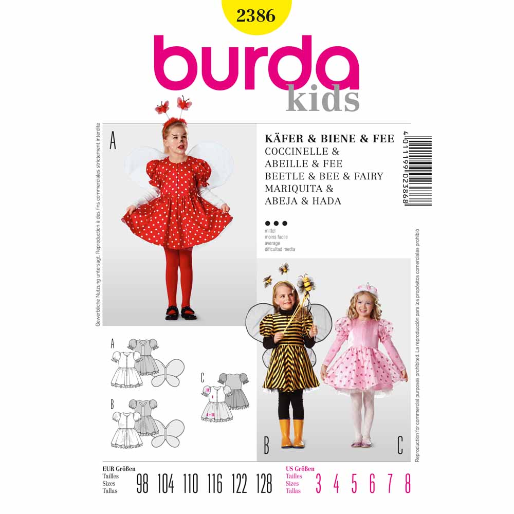 BURDA Carnival - 2386 Girls Costume Pattern - Beetle & Bee & Fairy
