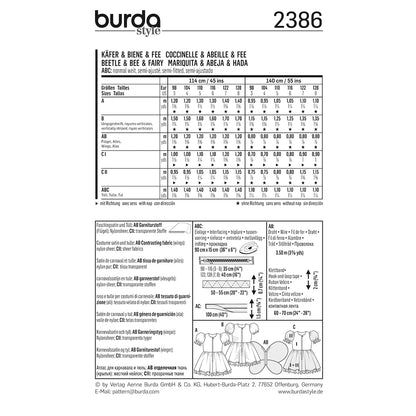 BURDA Carnival Sewing Pattern #2386 Girls Beetle/Bee/Fairy