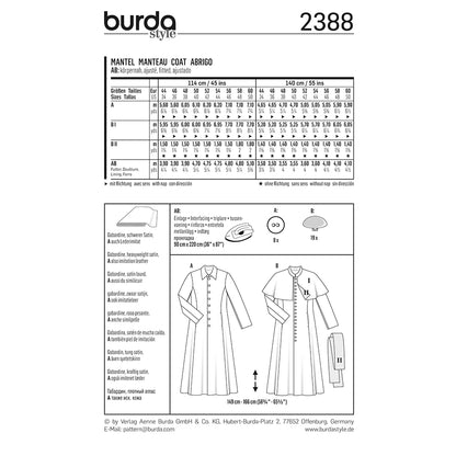BURDA Carnival Sewing Pattern #2388 Mens Coat