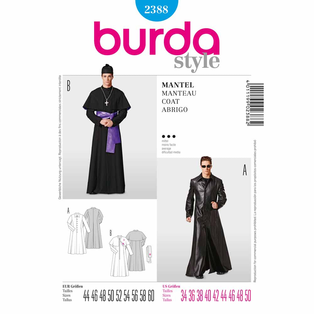 BURDA Carnival Sewing Pattern #2388 Mens Coat