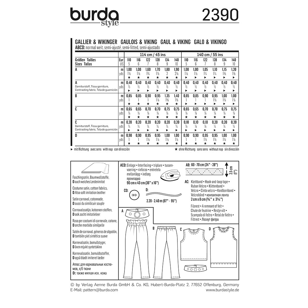 BURDA Carnival Sewing Pattern #2390 Kids Gaul / Viking