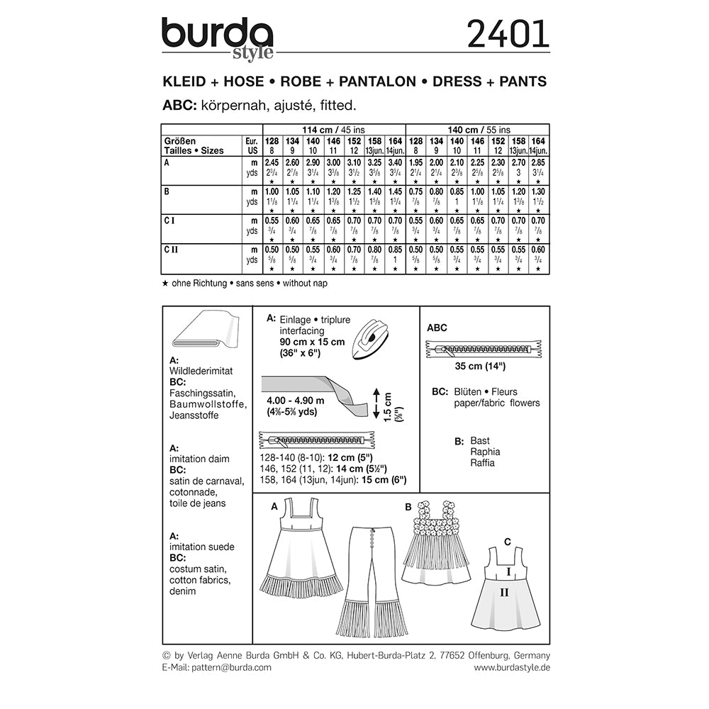 BURDA Carnival Sewing Pattern #2401 Kids Dress & Pants