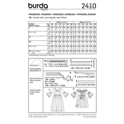BURDA Carnival Sewing Pattern 2410 Girls Princess & Dancer Costume