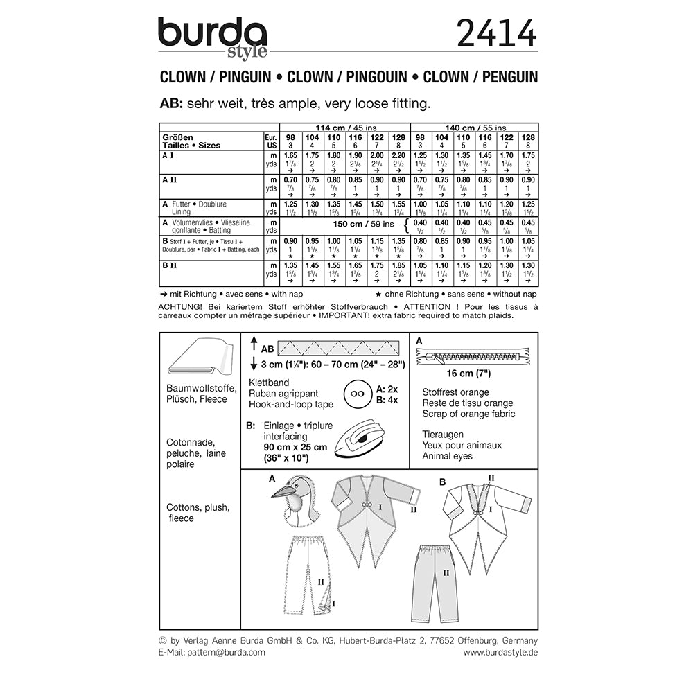 BURDA Carnival Sewing Pattern 2414 Kids Clown & Penguin Costume