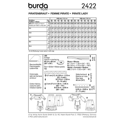 BURDA Carnival Sewing Pattern 2422 Women Pirate Lady Costume
