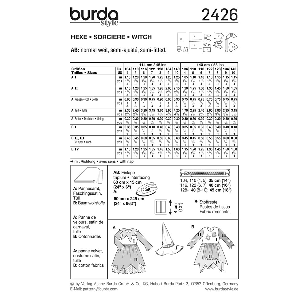 BURDA Carnival Sewing Pattern 2426 Girls Witch Costume