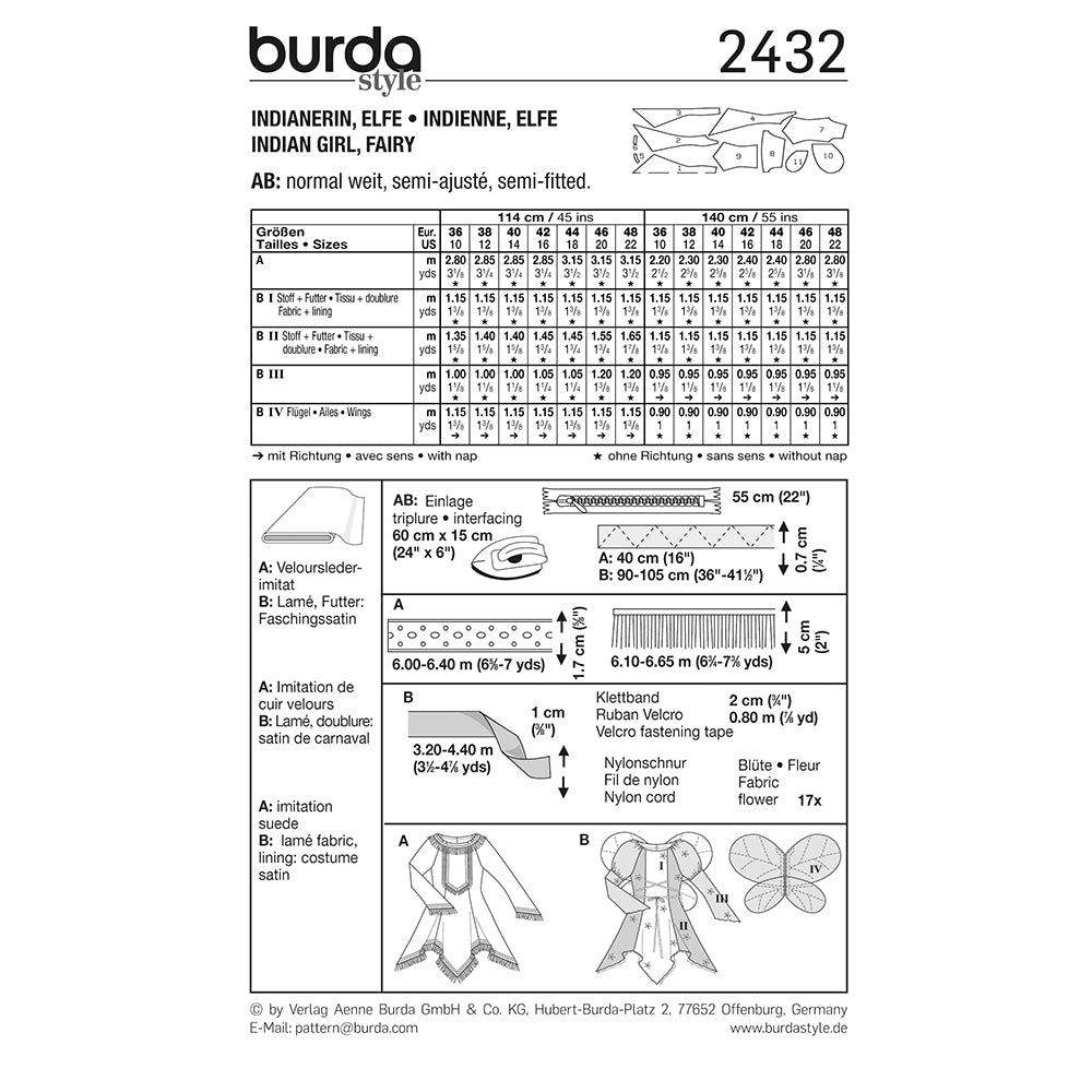 BURDA Carnival Sewing Pattern 2432 Girls Indian Girl & Fairy Costume