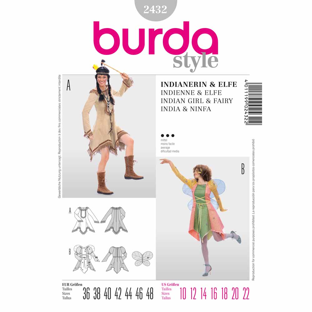 BURDA Carnival Sewing Pattern 2432 Girls Indian Girl & Fairy Costume