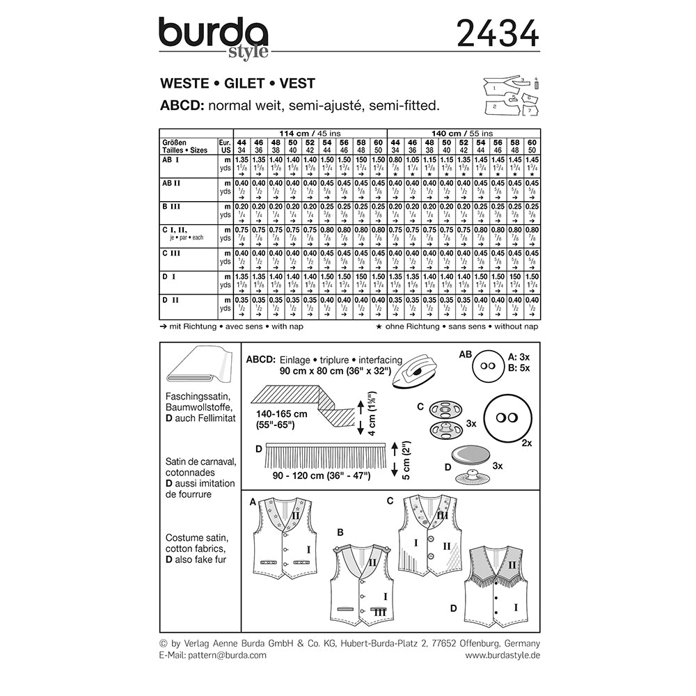 BURDA Carnival Sewing Pattern 2434 Adults Costume Vest Costume