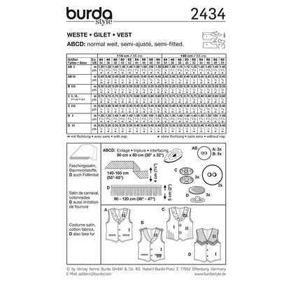 BURDA Carnival Sewing Pattern 2434 Adults Costume Vest Costume