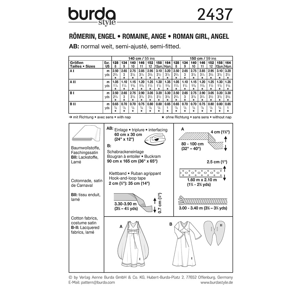 BURDA Carnival Sewing Pattern 2437 Girls Roman Girl & Angel Costume