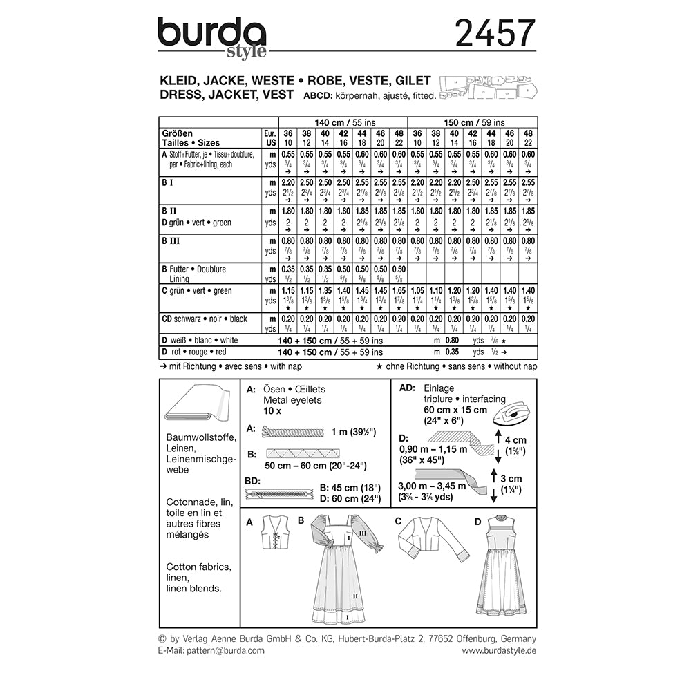 BURDA Carnival Sewing Pattern 2457 Women Dress, Jacket & Vest Costume Costume