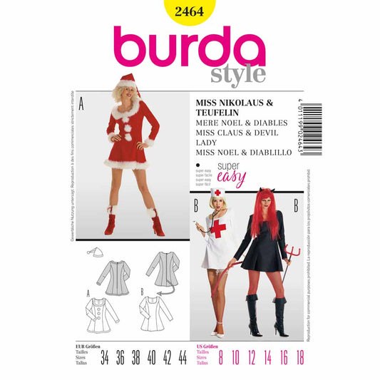 BURDA Carnival Sewing Pattern 2464 Women Miss Claus, Witch & Nurse Costume