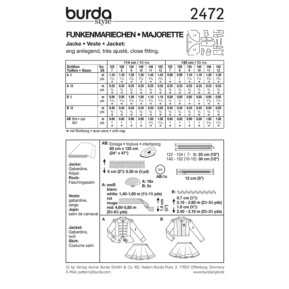 BURDA Carnival Sewing Pattern 2472 Girls Majorette Costume