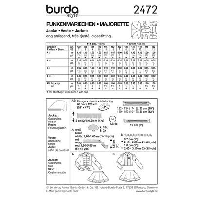 BURDA Carnival Sewing Pattern 2472 Girls Majorette Costume