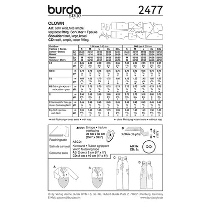 BURDA Carnival Sewing Pattern Pattern 2477 Adult Costume Pattern Clown
