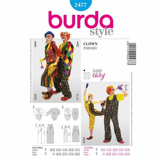 BURDA Carnival Sewing Pattern Pattern 2477 Adult Costume Pattern Clown