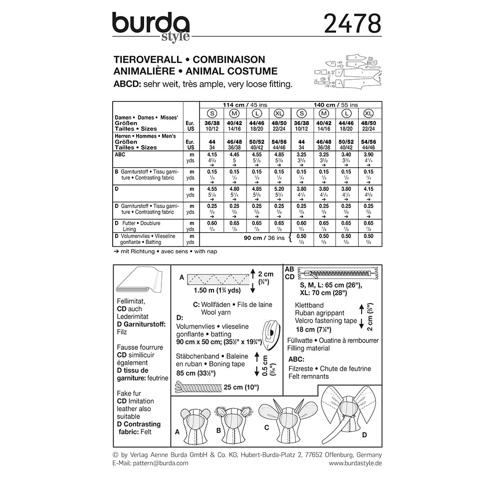 BURDA Carnival Sewing Pattern Pattern 2478 Adult Costume Pattern Animals