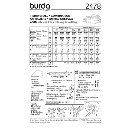 BURDA Carnival Sewing Pattern Pattern 2478 Adult Costume Pattern Animals