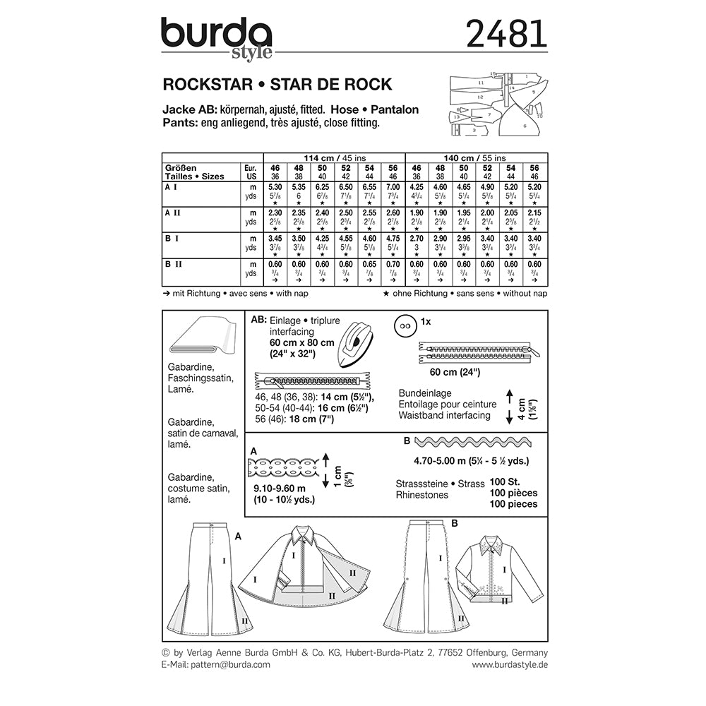 BURDA Carnival Sewing Pattern Pattern 2481 Adult Costume Pattern Rockstar (elvis)