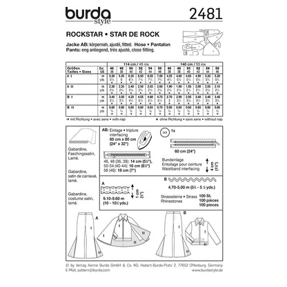 BURDA Carnival Sewing Pattern Pattern 2481 Adult Costume Pattern Rockstar (elvis)