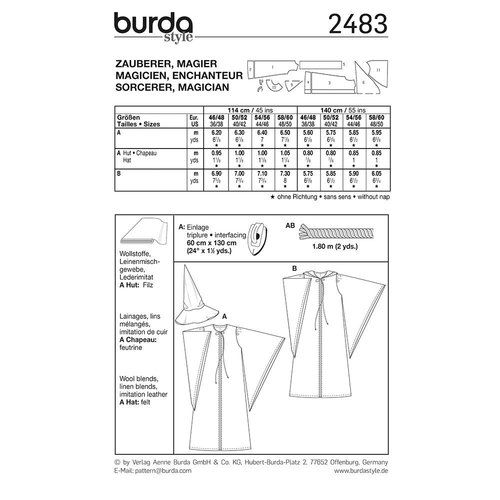 BURDA Carnival Sewing Pattern Pattern 2483 Adult Costume Pattern Sorcerer & Magician