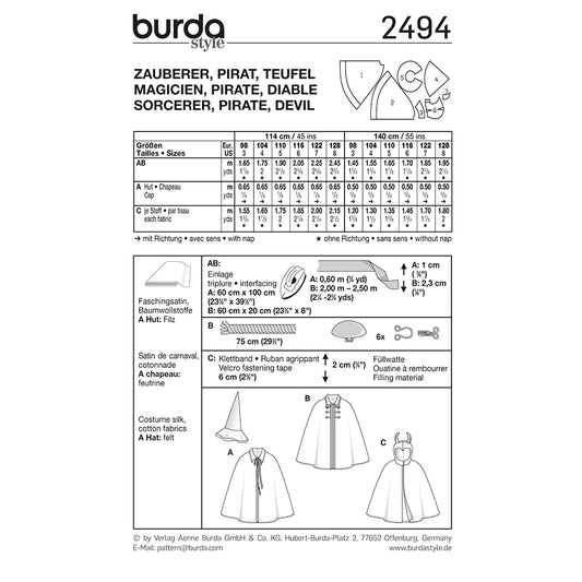 BURDA 2494 kids' sorcerer, pirate, and devil costume sewing pattern