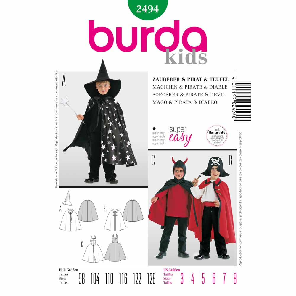 BURDA Carnival Sewing Pattern Pattern 2494 Kids Costume Pattern Sorcerer & Pirate & Devil