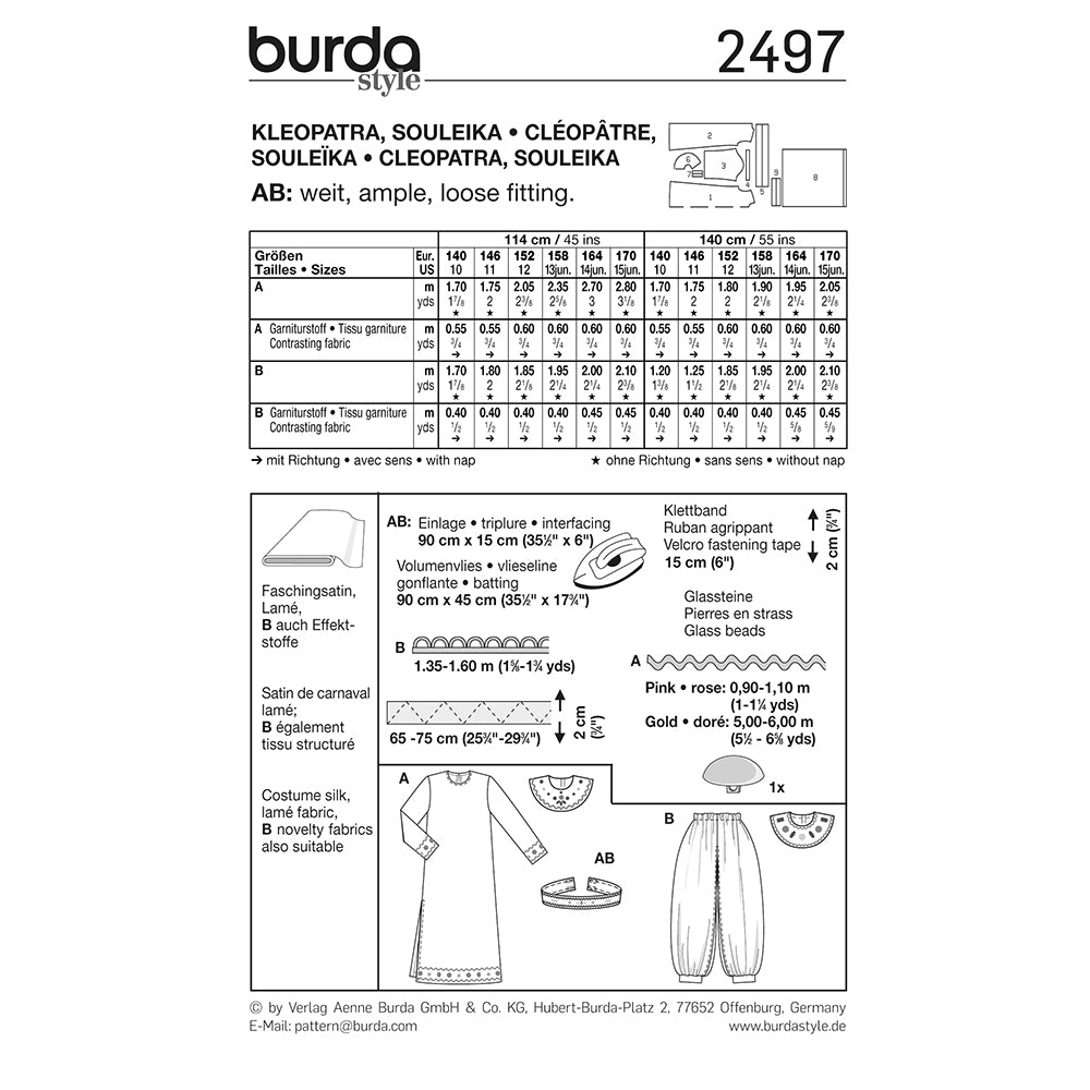 BURDA Carnival Sewing Pattern Pattern 2497 Girls Costume Pattern Cleopatra & Souleika