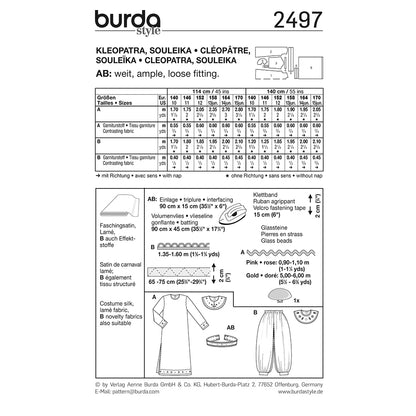 BURDA Carnival Sewing Pattern Pattern 2497 Girls Costume Pattern Cleopatra & Souleika