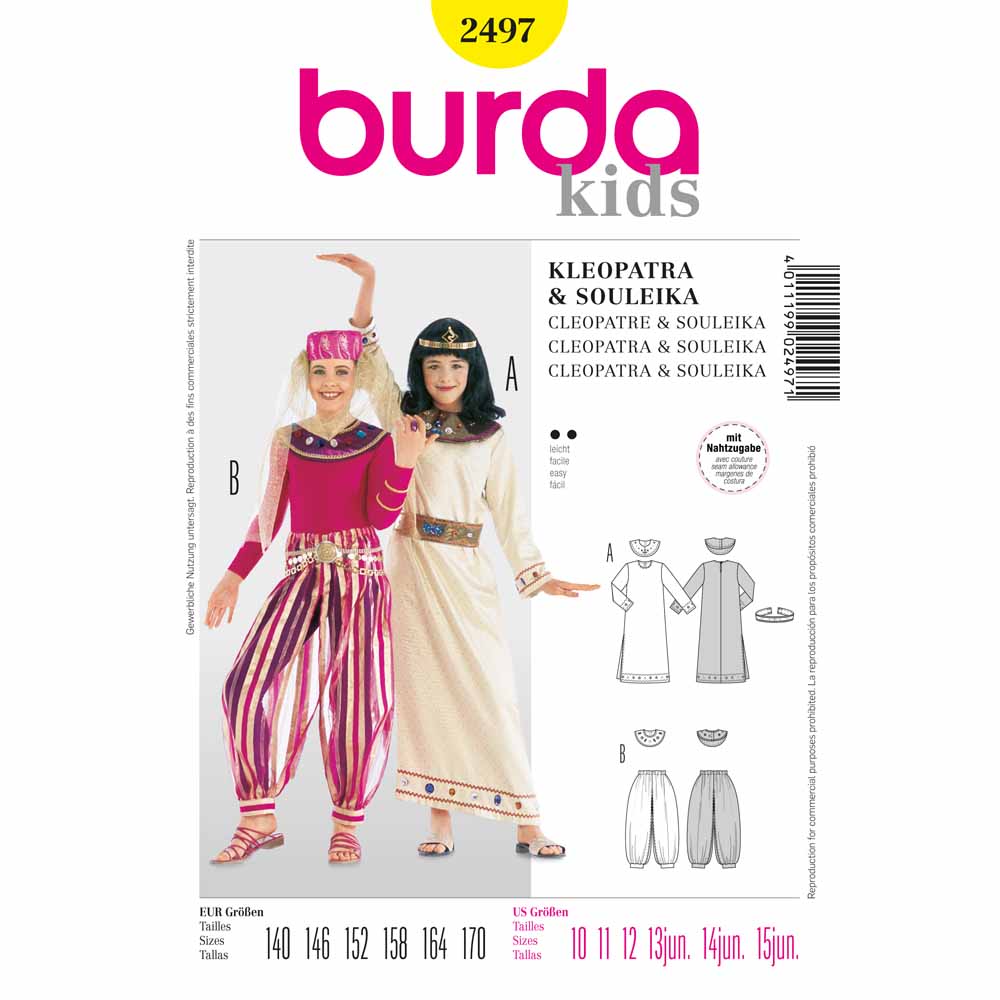 BURDA Carnival Sewing Pattern Pattern 2497 Girls Costume Pattern Cleopatra & Souleika