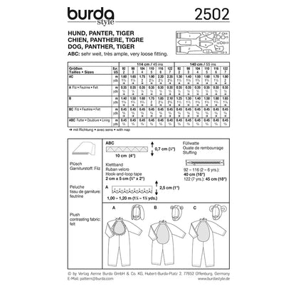 BURDA Carnival Sewing Pattern Pattern 2502 Kids Costume Pattern Dog & Panther & Tiger