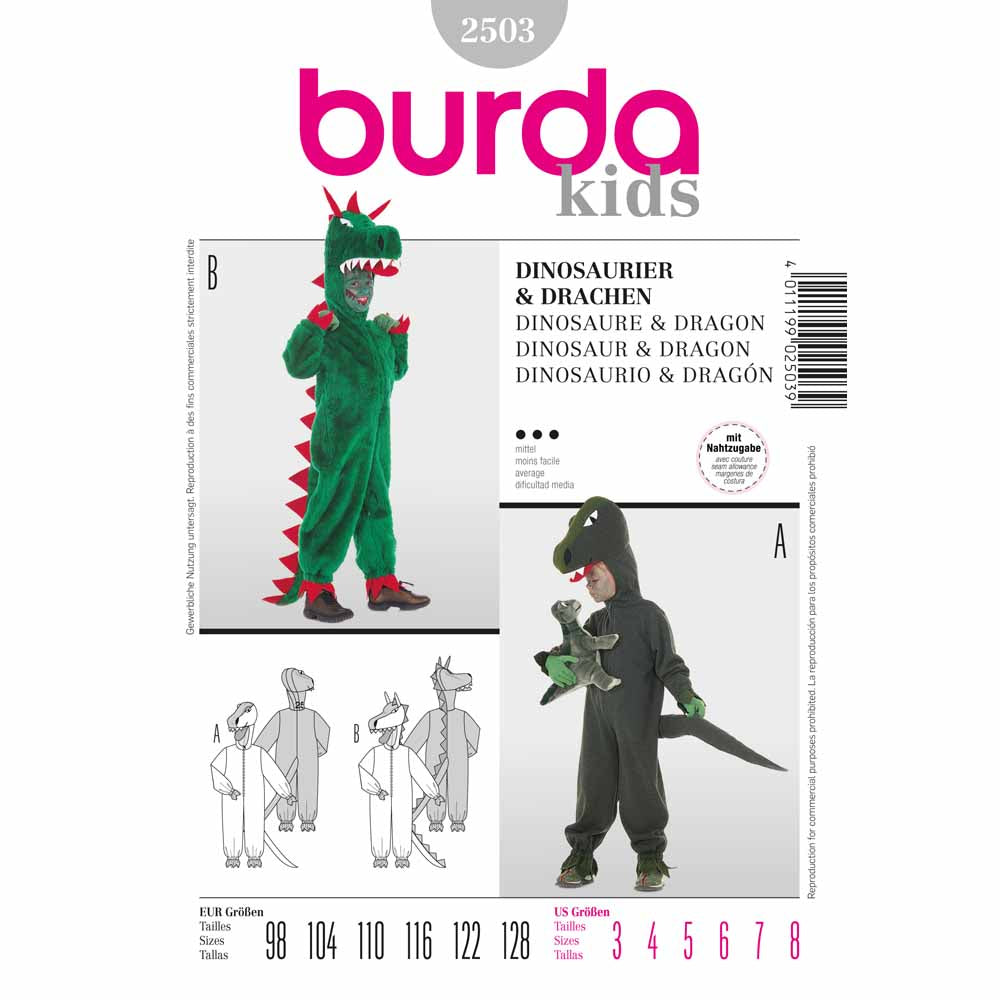 BURDA Carnival Sewing Pattern Pattern 2503 Kids Costume Pattern Dinosaur & Dragon