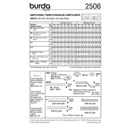 BURDA Carnival Sewing Pattern Pattern 2506 Kids Costume Pattern Shirt & Pants