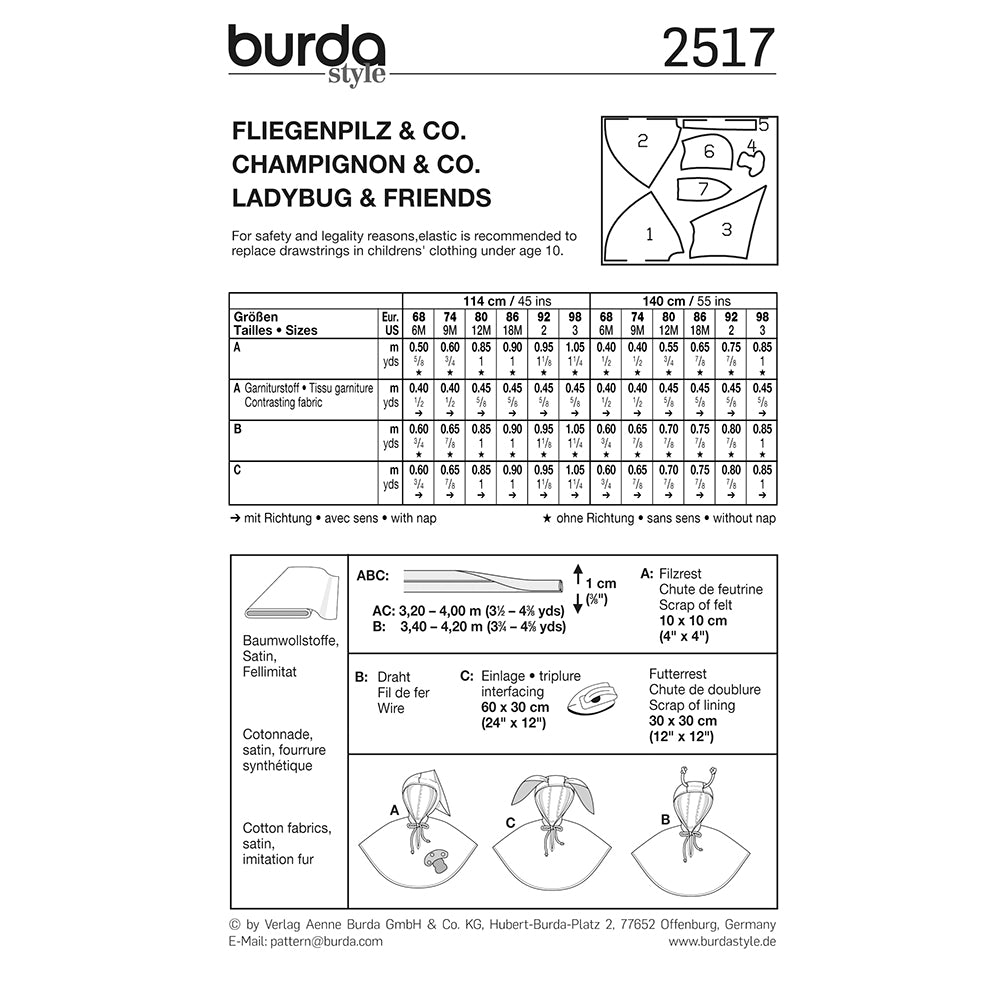 BURDA Carnival Sewing Pattern Pattern 2517 Kids Costume Pattern Mushroom & Ladybug & Friends