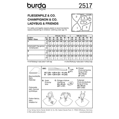 BURDA Carnival Sewing Pattern Pattern 2517 Kids Costume Pattern Mushroom & Ladybug & Friends
