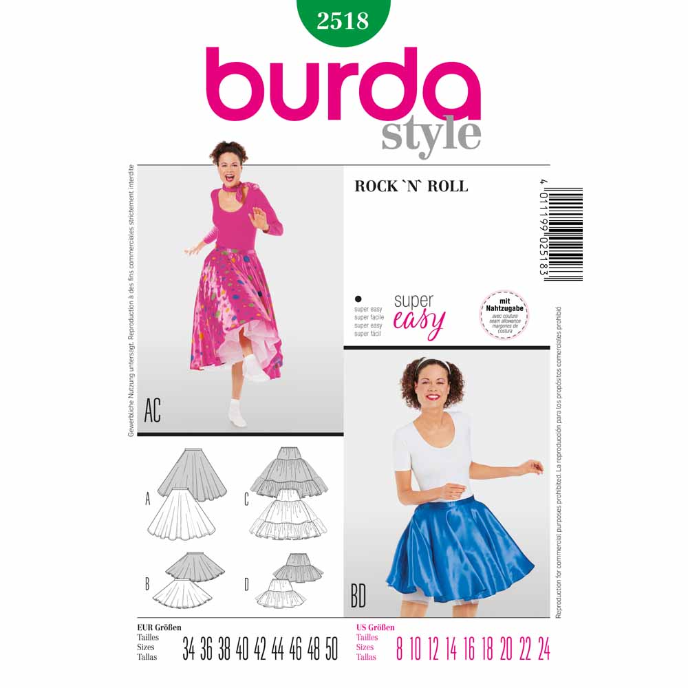 BURDA Carnival Sewing Pattern Pattern 2518 Womens Costume Pattern Rock 'N' Roll