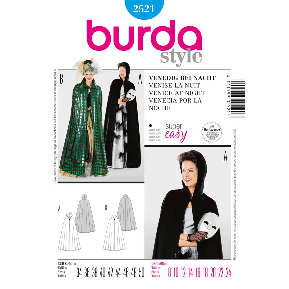 BURDA Carnival Sewing Pattern Pattern 2521 Adult Costume Pattern Venice At Night